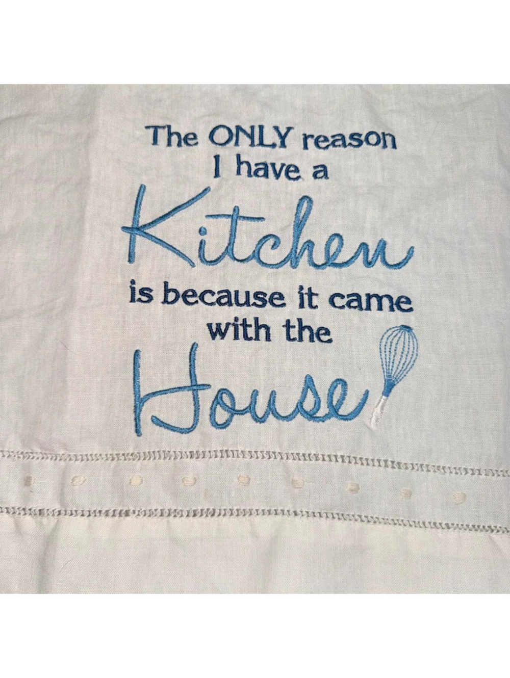 Linen Embroidered Kitchen Tea Towel Funny Kitchen House Blue White Cottagecore